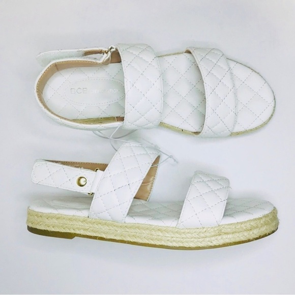 New! Quilted Faux Leather Chunky Platform Straw Espadrilles White Sandals - Picture 1 of 10